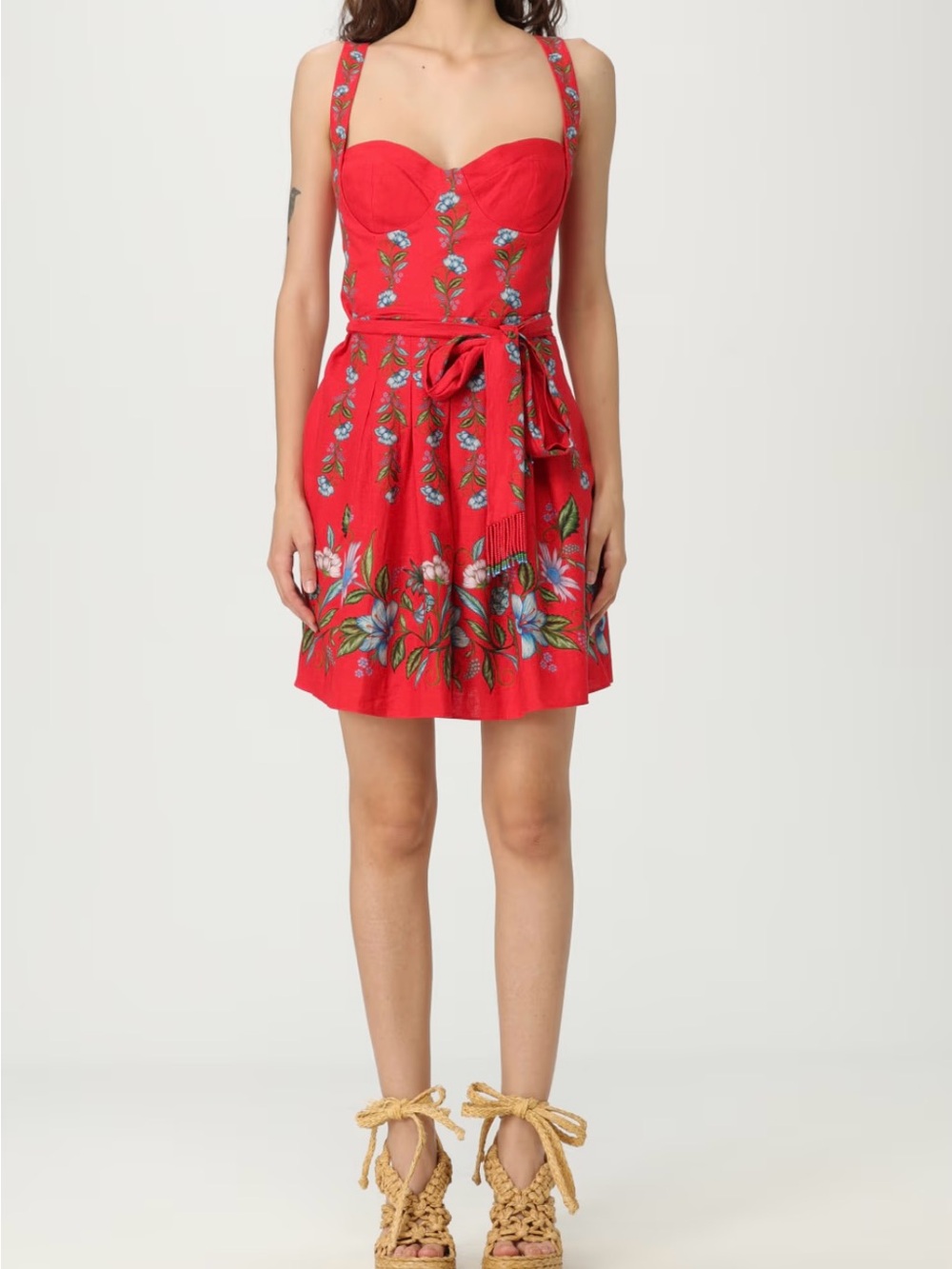 FARM Rio Red Floral Tie-Waist Mini Dress